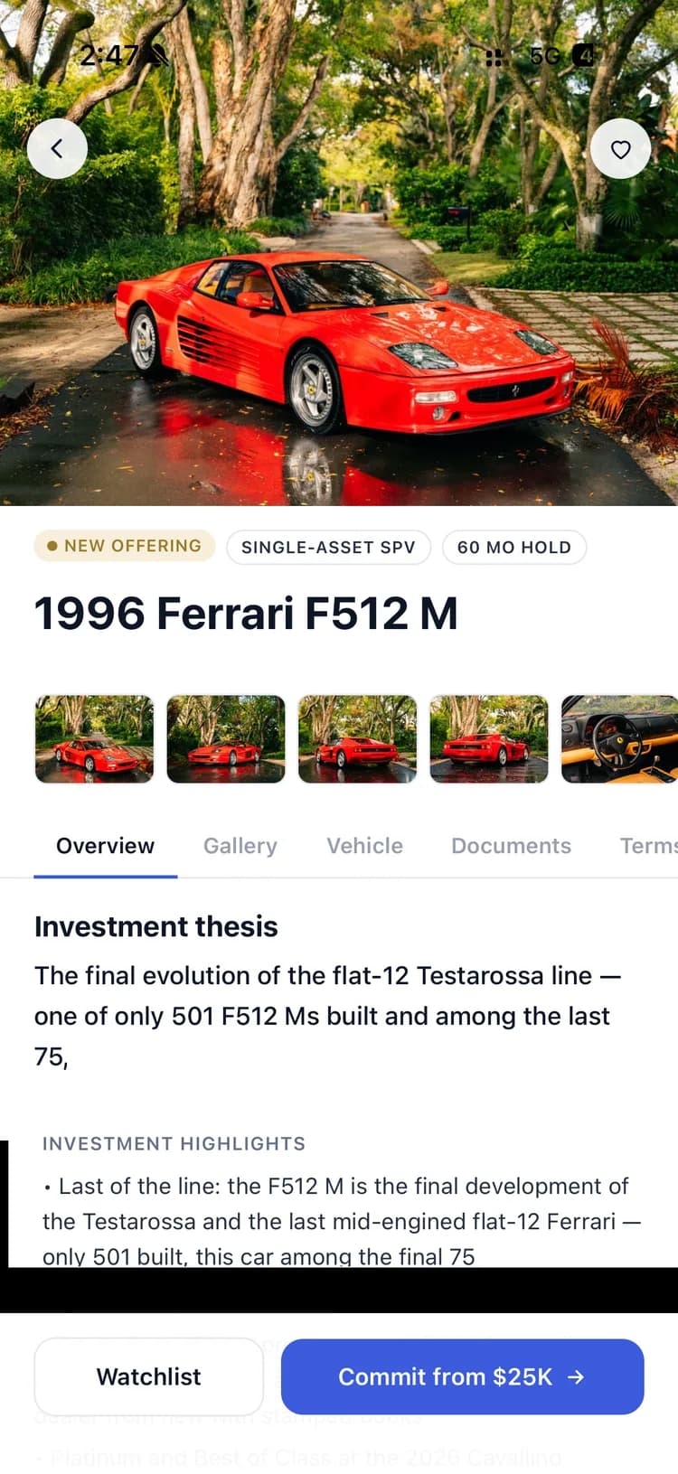 An open offering — 1996 Ferrari F512 M with investment thesis and documents